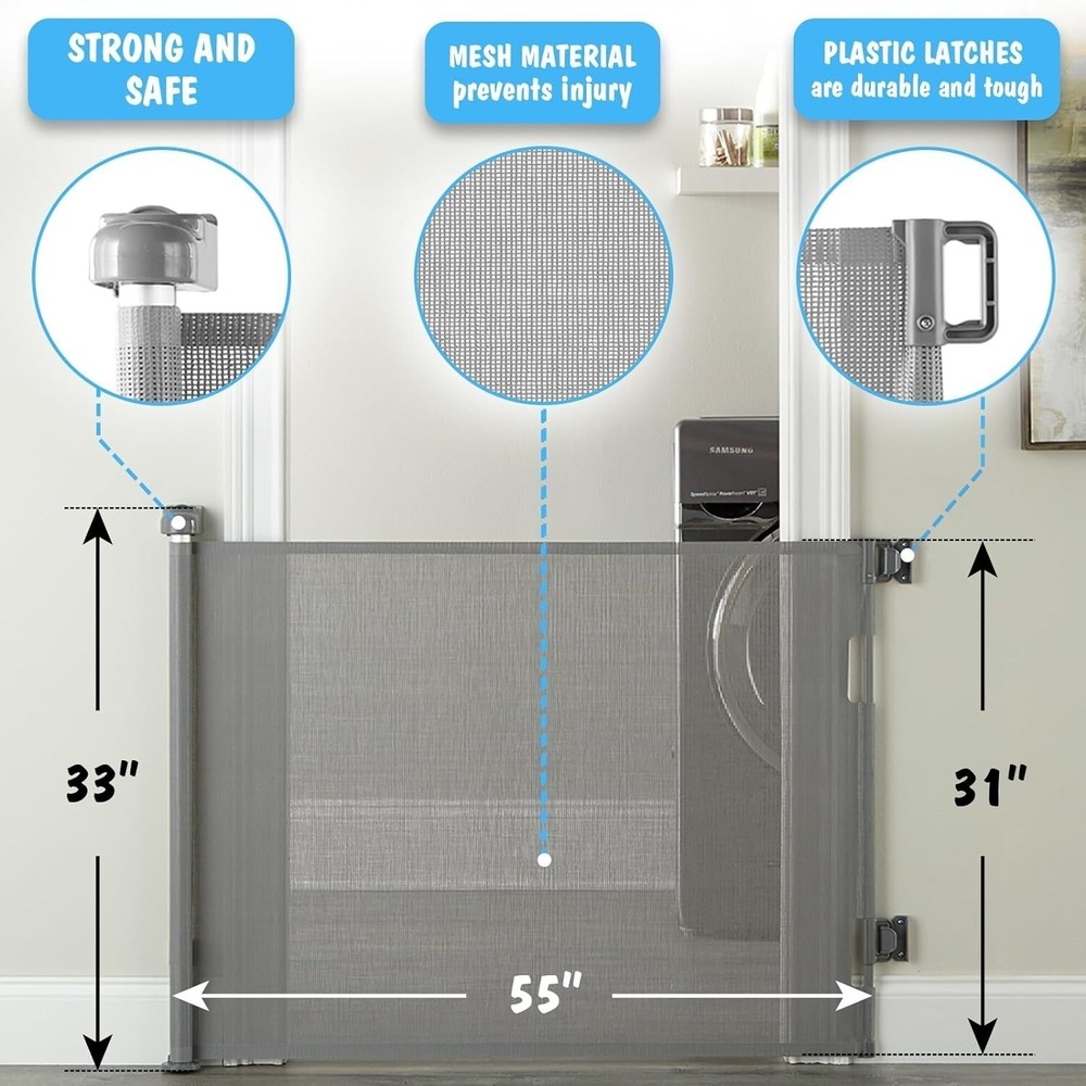 Cumbor Baby Pet Mesh Gate 33" Tall Retractable Barrier Extends to 55" for Stairs - Picture 8 of 11
